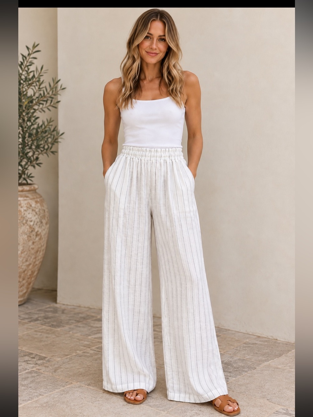 Pure Linen Pinstripe Wide Leg Pants Made in Italy Size L NWT